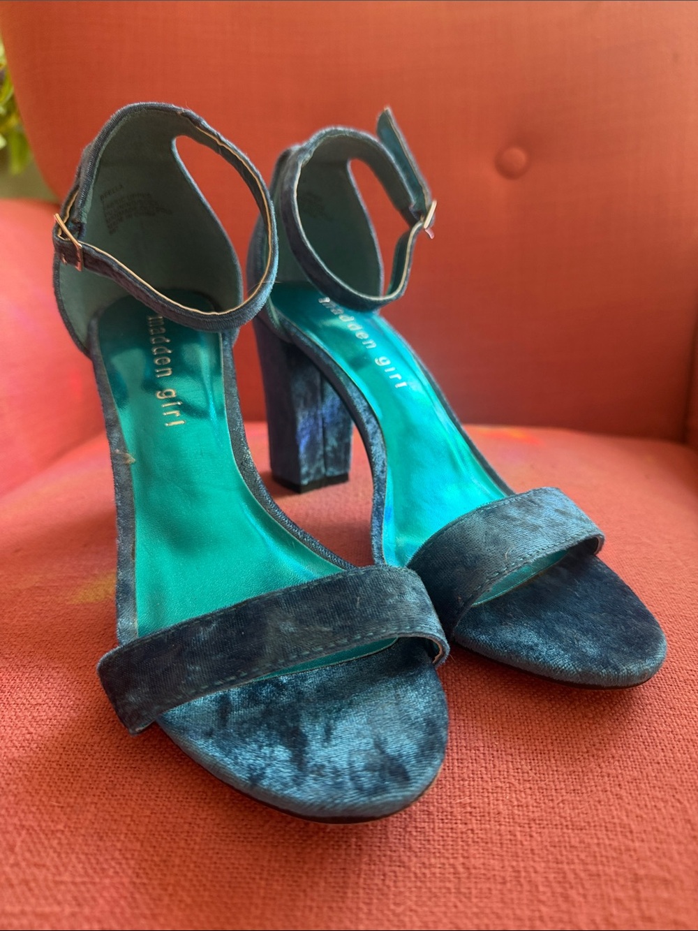Madden Girl Teal Velvet Block Heel Sandals